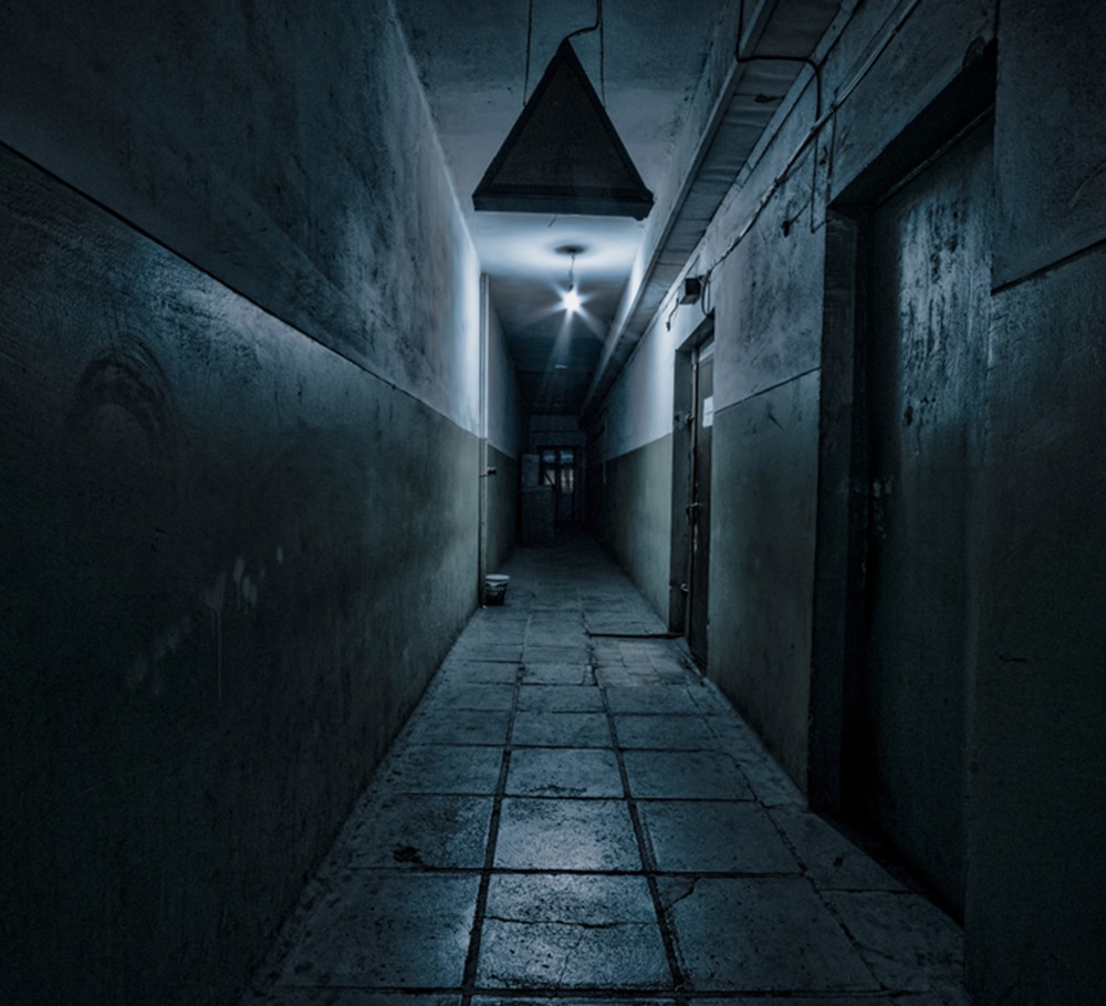 Dimly lit corridor with peeling walls and a triangular ceiling light. Empty doorways line the sides, creating an eerie atmosphere.