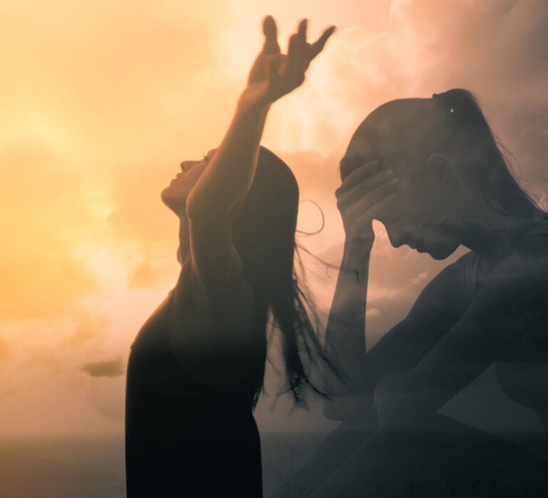 A woman joyfully raises her arms against a sunset, symbolizing freedom and hope, contrasted with another woman in distress, illustrating emotional struggle.